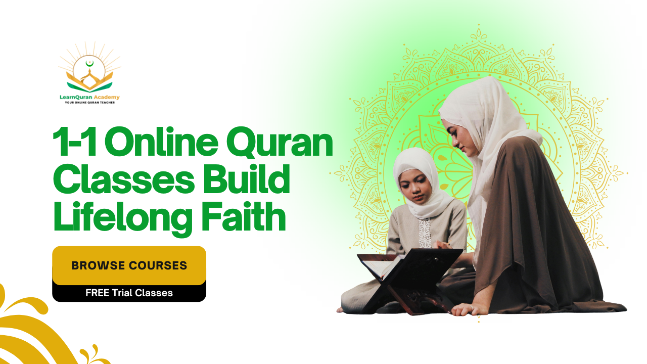 A professional female Quran teacher conducting a private online session teaching Tajweed rules.