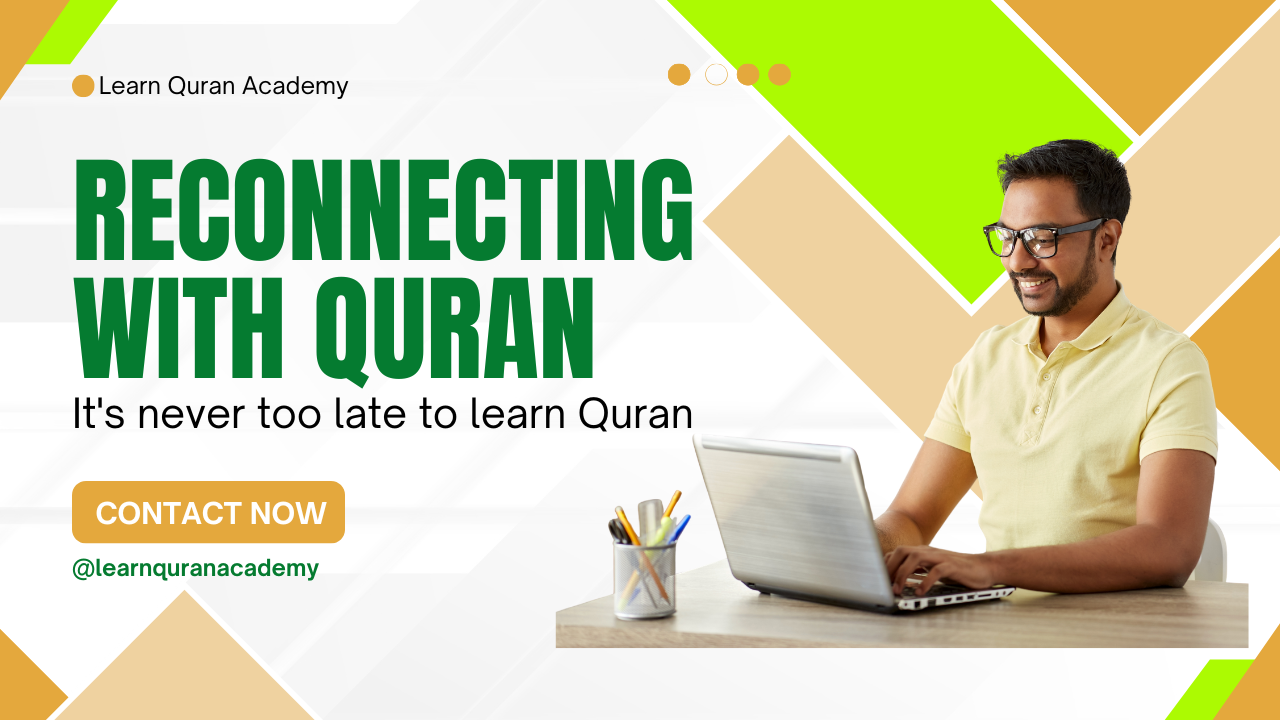 An adult professional sitting at a desk with a laptop, learning Quran with Tajweed online during a private 1-1 class.