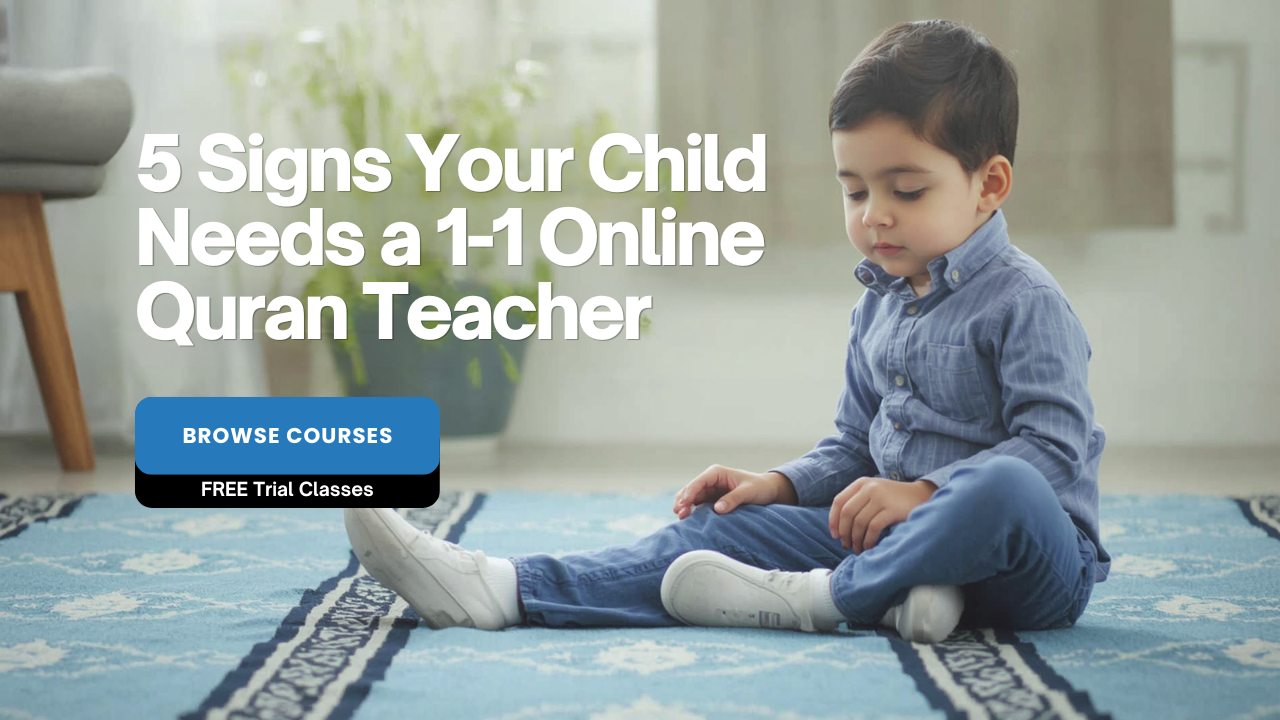 A young Muslim boy wearing headphones smiling during a 1-1 interactive lesson with an online Quran teacher for kids.